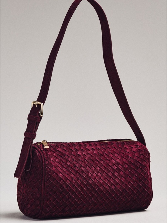 Anthropologie Handbags - Anthropologie Woven faux suede Burgundy Shoulder Bag with Gold Accent